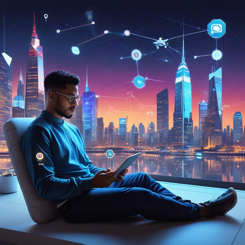 A modern person using a tablet, surrounded by icons representing lifestyle, technology, and current events such as social media, news articles, and gadgets. A vibrant digital cityscape in the background, symbolizing the interconnected digital world, with a glowing skyline and flying drones. The scene conveys a sense of exploration and innovation. super-realistic. vibrant colors. futuristic layout.