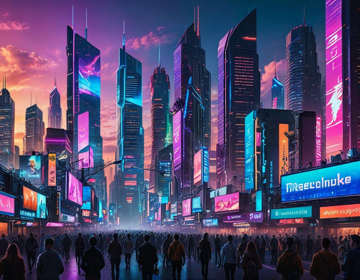 A futuristic city skyline at sunset, showcasing advanced technology with holograms and neon lights, intertwined with vibrant entertainment elements like concert scenes and movie posters. Include diverse groups of people engaged with gadgets, representing the blend of tech and entertainment culture. super-realistic. vibrant colors. cyberpunk.