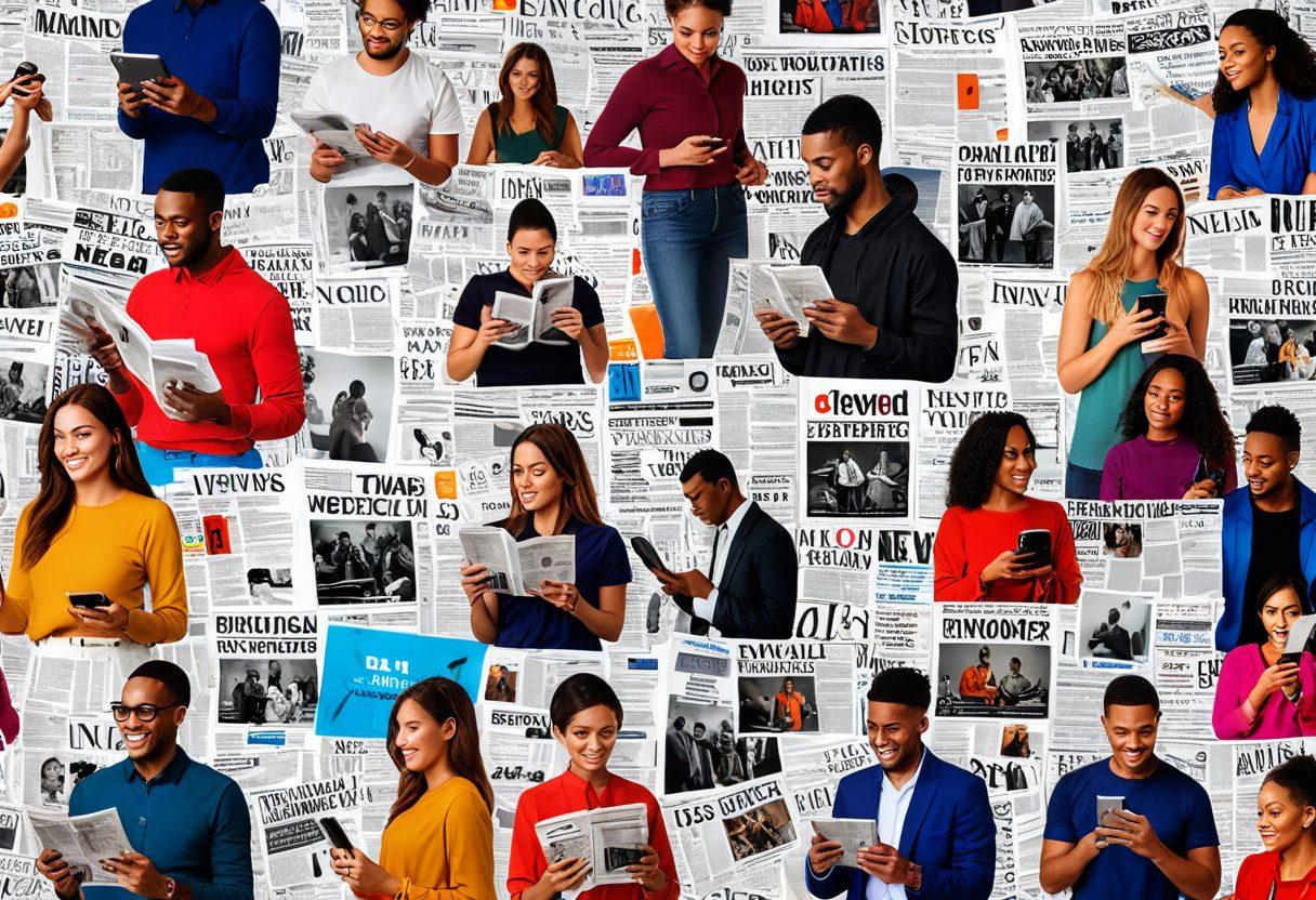 A vibrant and engaging collage depicting a diverse group of people actively consuming current events through various mediums like smartphones, newspapers, and social media platforms. The background features abstract elements representing news headlines and lifestyle activities such as travel, food, and fitness. The style should evoke a sense of energy and connection to modern living. colorful and dynamic. 3D elements.